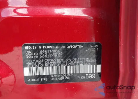 2016 Mitsubishi Lancer Es from USA, damaged, VIN JA32U2FU7GU008567